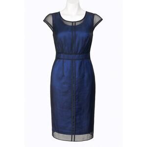 Vintage 90s Luce Silk Chiffon Overlay Sheath Dress Size Large Blue Career Goth